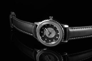 Excellanc Damen Uhr Leder Imitation Armbanduhr Strass Schwarz Silber Bild