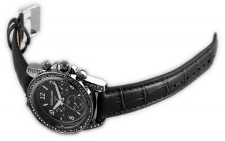 Excellanc Damen Uhr Leder Imitation Armbanduhr Strass Schwarz Silber Chrono Look Bild