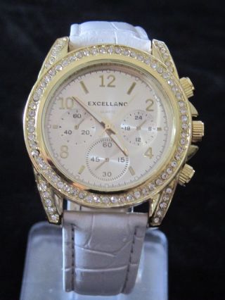 Excellanc Damen - Quartz - Uhr Strass Blingbling Gold Optik Armband Weiss Bild