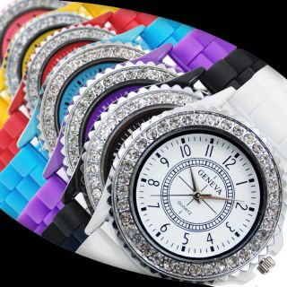 Damen Mädchen Armbanduhr Genfer Kristall Silikon Gel Gummi Uhr 6 Farben Bild