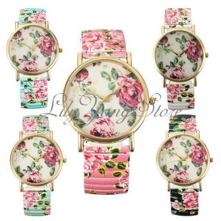 Frauen Mädchen Uhr Armbanduhr Quartz Stretch Armband Rose Blumen Uhren Watche Bild