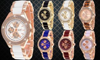 Designer Damenuhr,  Damen Strass Uhr,  Chronograph Stil,  Beige,  Weiß,  Schwarz,  Rose Gold Bild