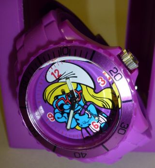 Damen Mädchen Schlümpfe Schlumpfine Schlumpf Silikon Armbanduhr Uhr Lila Box Bild