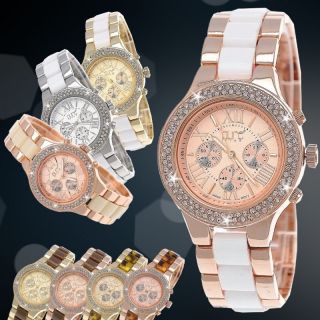 Designer Strass Damenuhr,  Damen Armband Uhr,  Chronograph Stil,  Beige,  Weiß,  Rose Gold Bild