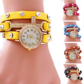 Hot Lady Girl Rhinestone Pu Leather Weave Wrap Strap Quartz Bracelet Wrist Watch Bild