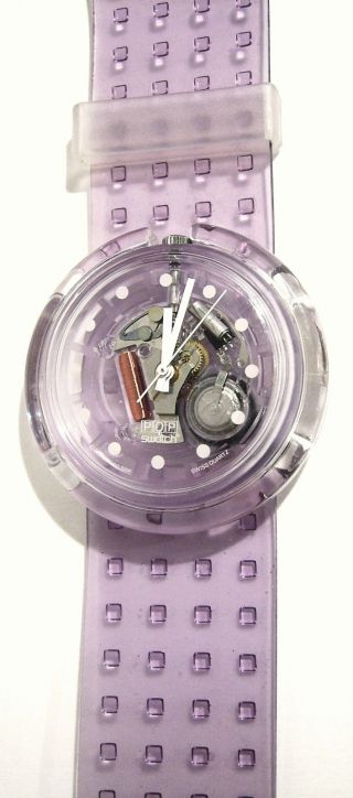 Transparente Pop Swatch Janet Lila Skelett Retro Damen Mädchen Uhr Ungetragen Bild