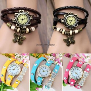 Damen Retro Leder Armbanduhr Bowknot Schmetterling Quartz Uhr Armreif Armband C5 Bild