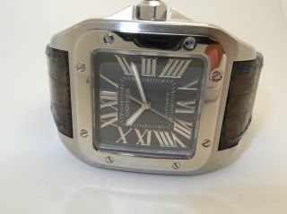 Cartier Santos 100 Automatik Uhr,  Edelstahl - Leder,  Grosses Modell Ref : W20134x Bild
