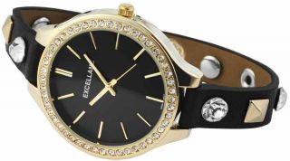Damen Uhr Excellanc Kunst - Leder Armbanduhr Schwarz Gold Strass Bild