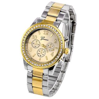 Geneva Edelstahl Armbanduhr Damen Herrenuhr Kristalle Strass Quarzuhr Goldsilber Bild