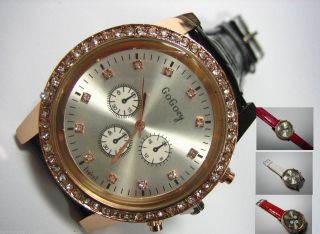 Damen Uhr Strass Zirkonia Gross Rosé - Gold Chronograph Kroko Lederarmband Bild
