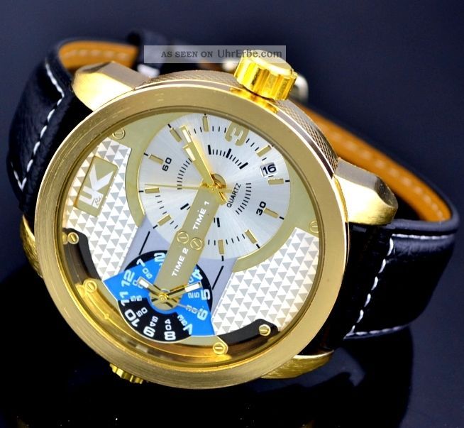 Xxl Herrenuhr Dualtimer 2 Uhrwerke 2 Zeitzone Datumsanzeige Gehäuse Ca.  50 Mm Armbanduhren Bild