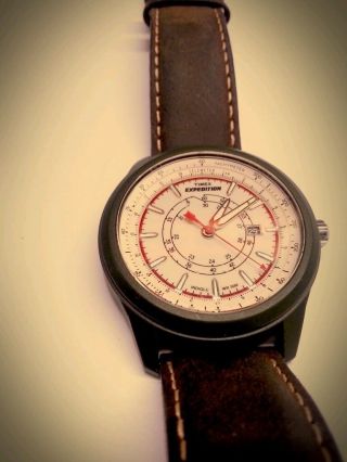 Neuwertige Timex Expedition T49921 Braun Leder Armband Herren Analoge Uhr Watch Bild